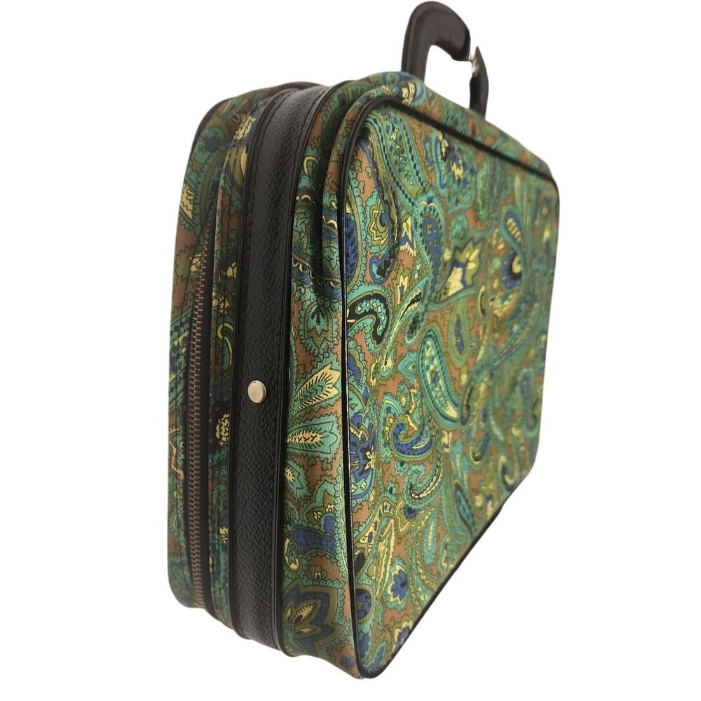Vintage 60s Green Paisley Fabric Briefcase Travel Bag Laptop Retro Made Japan - Picture 5 of 11